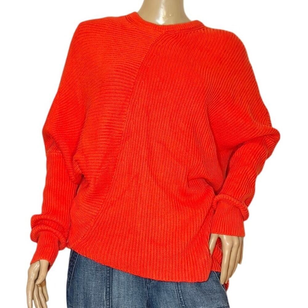 Free People Bright Orange Slouchy Ribbed Knit Sweater Women’s Size S Oversized